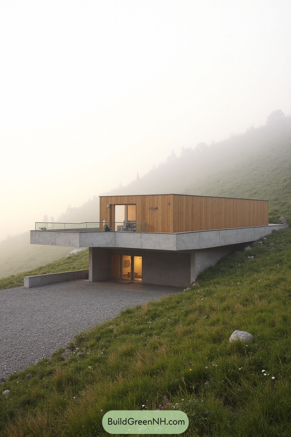Contemporary house perched on a misty hillside during sunrise