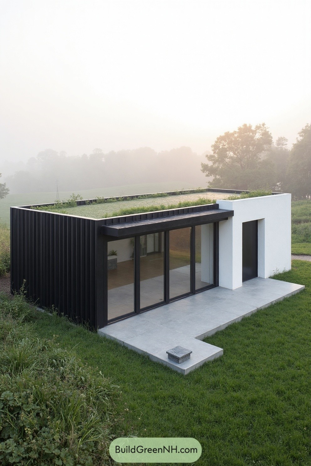 Modern house with grass roof in a misty landscape
