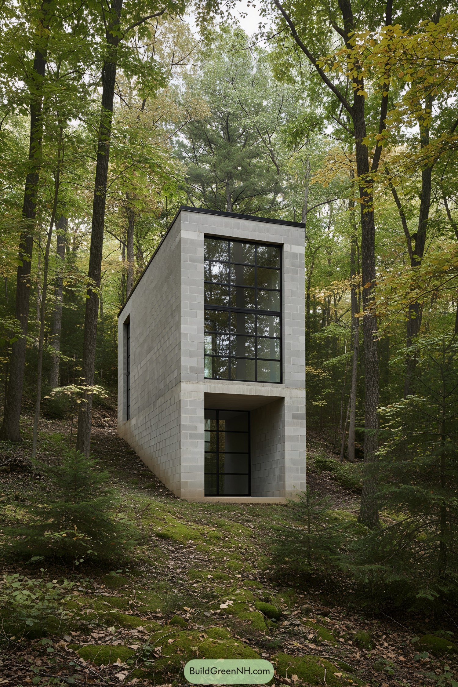 Tall concrete block house tucked in a forest