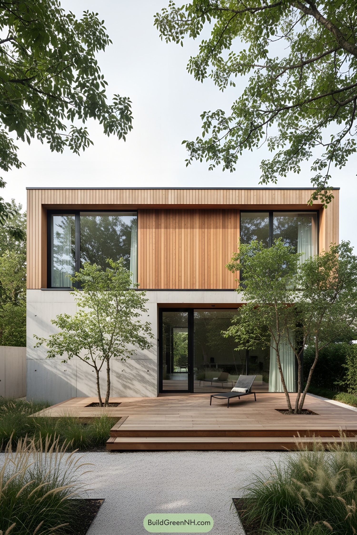 Modern house with wooden accents and greenery