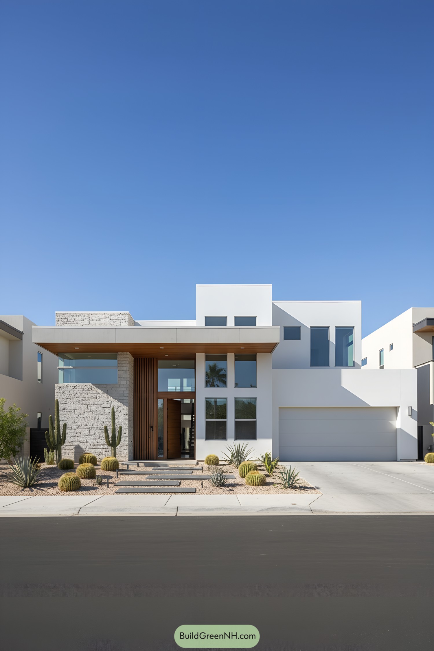 Modern concrete house with cacti landscaping