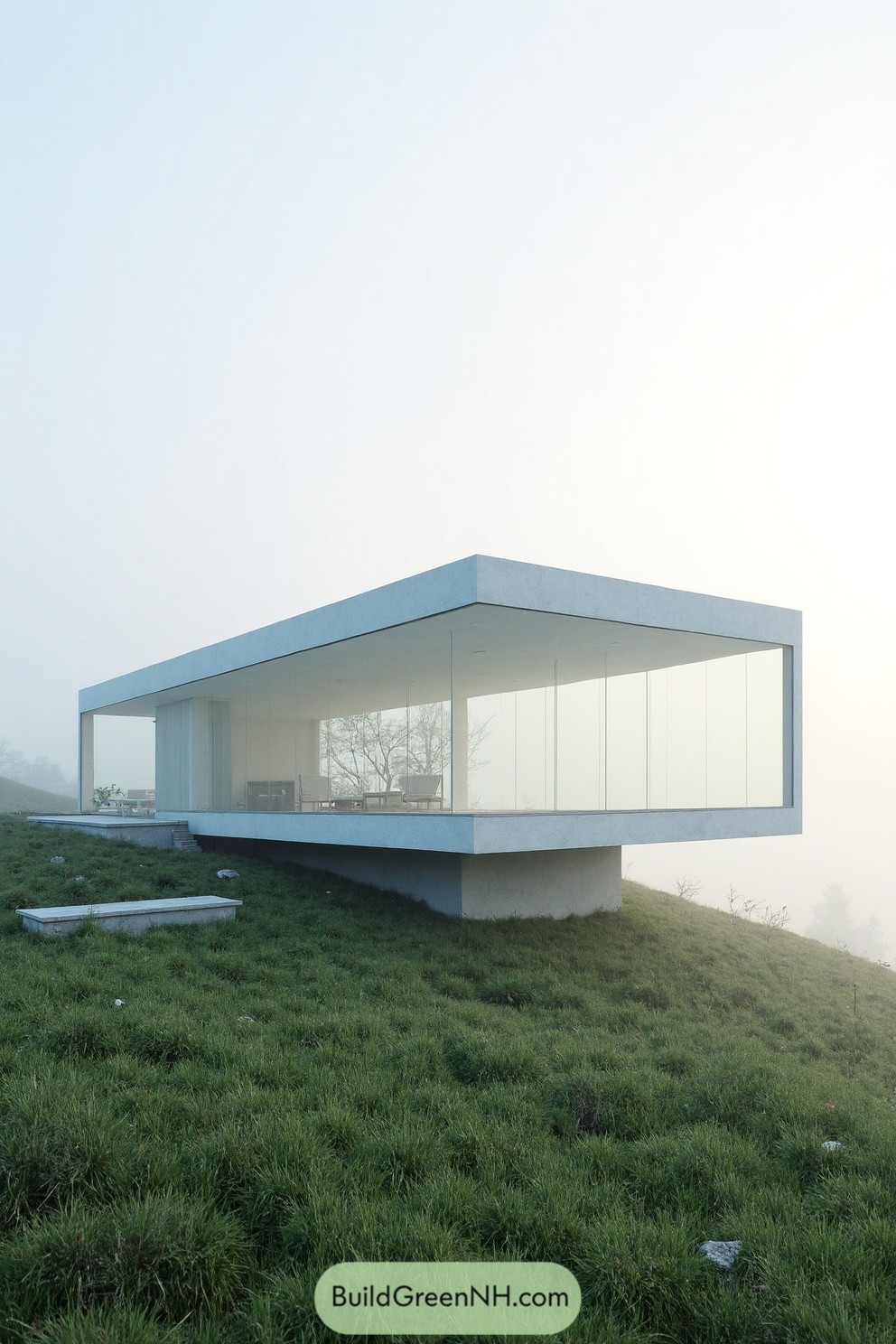 Modern house on a misty hill, with glass walls and minimalist design