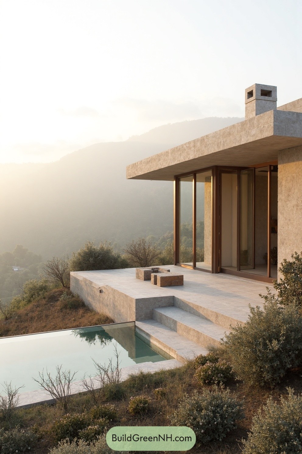 Modern house on a misty hillside at sunrise with a pool