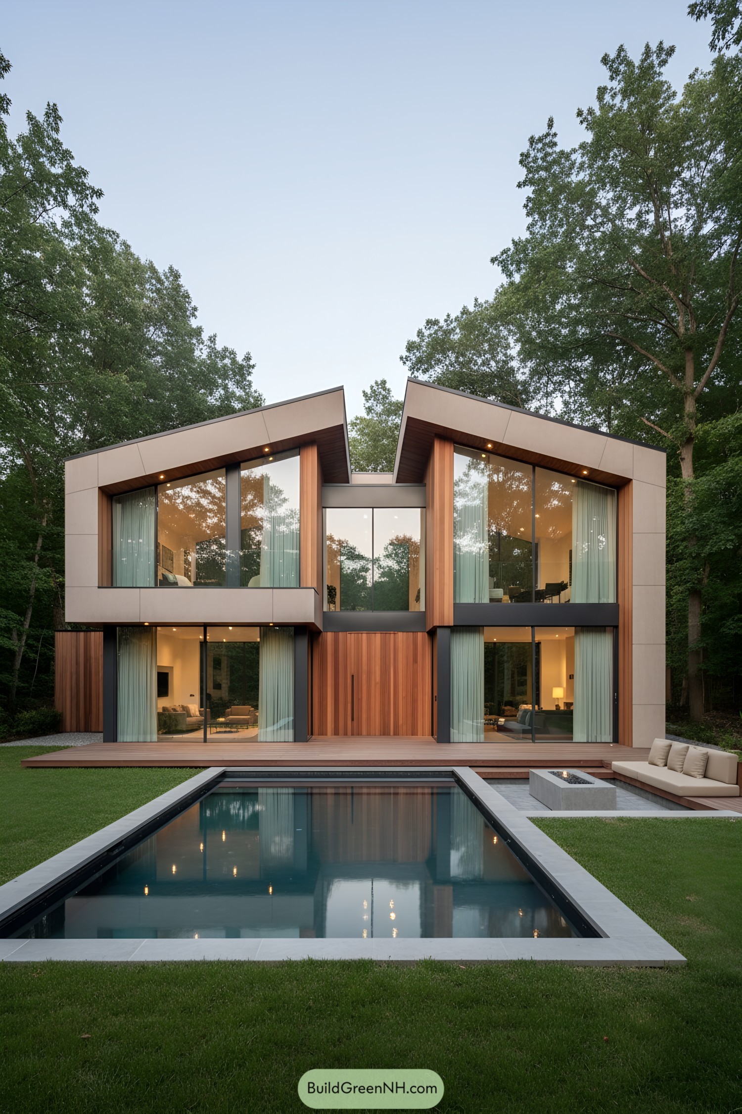 Modern house with large glass windows, nestled in a wooded area, reflecting in a serene pool