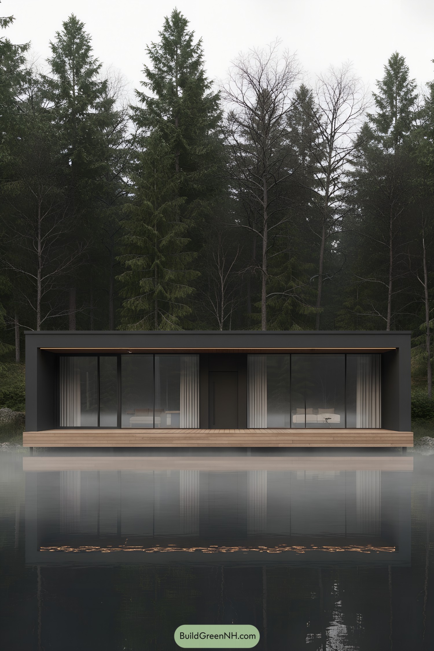 Modern house with large windows by a tranquil lake in the forest