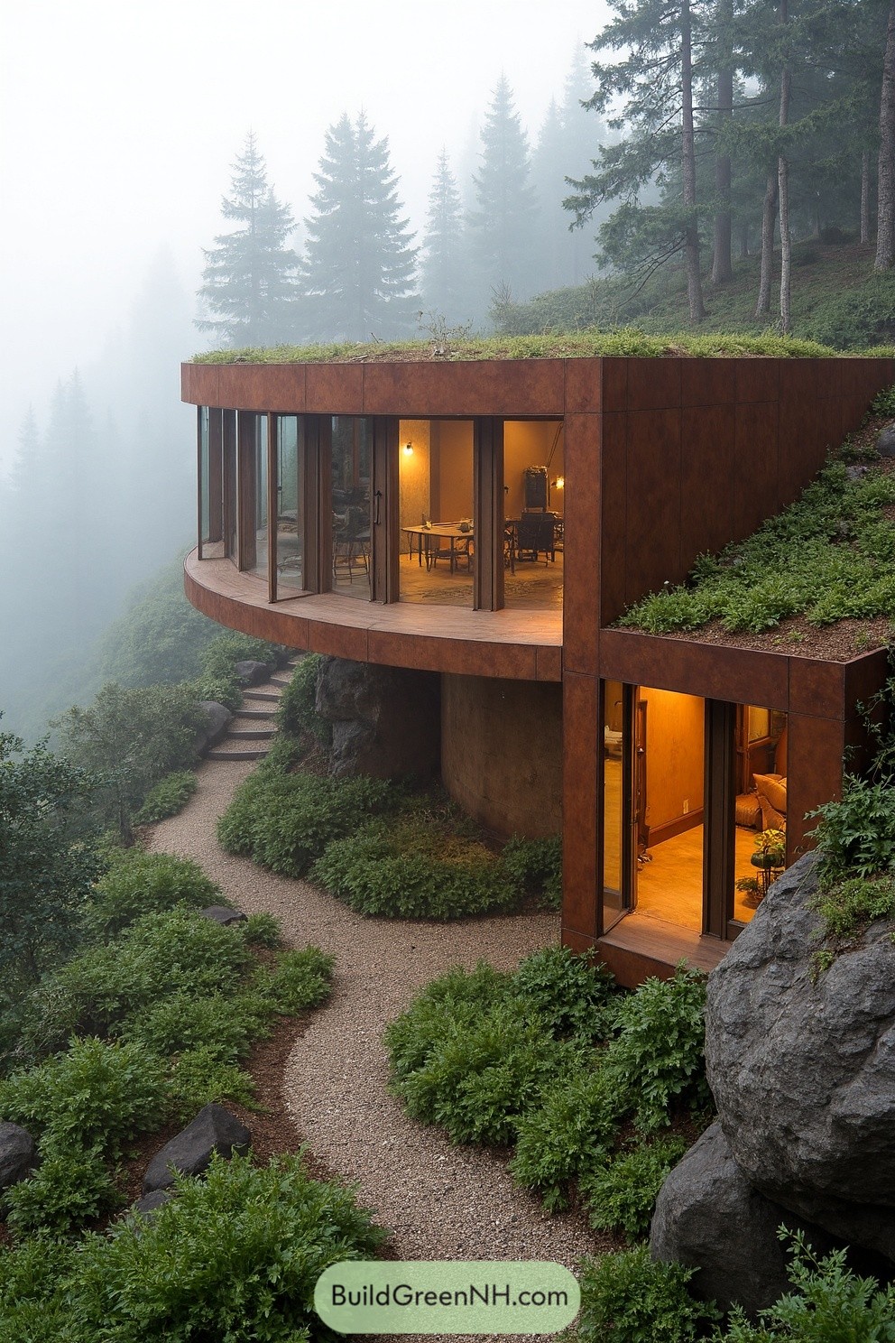 Contemporary house nestled on a foggy hillside