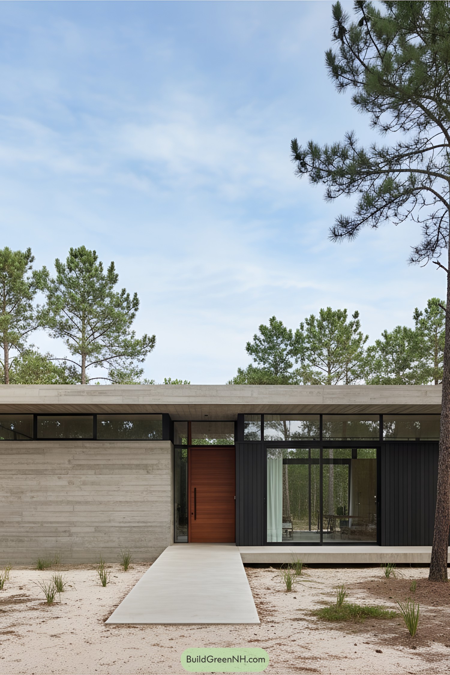 Modern house blending concrete and timber in a forest setting