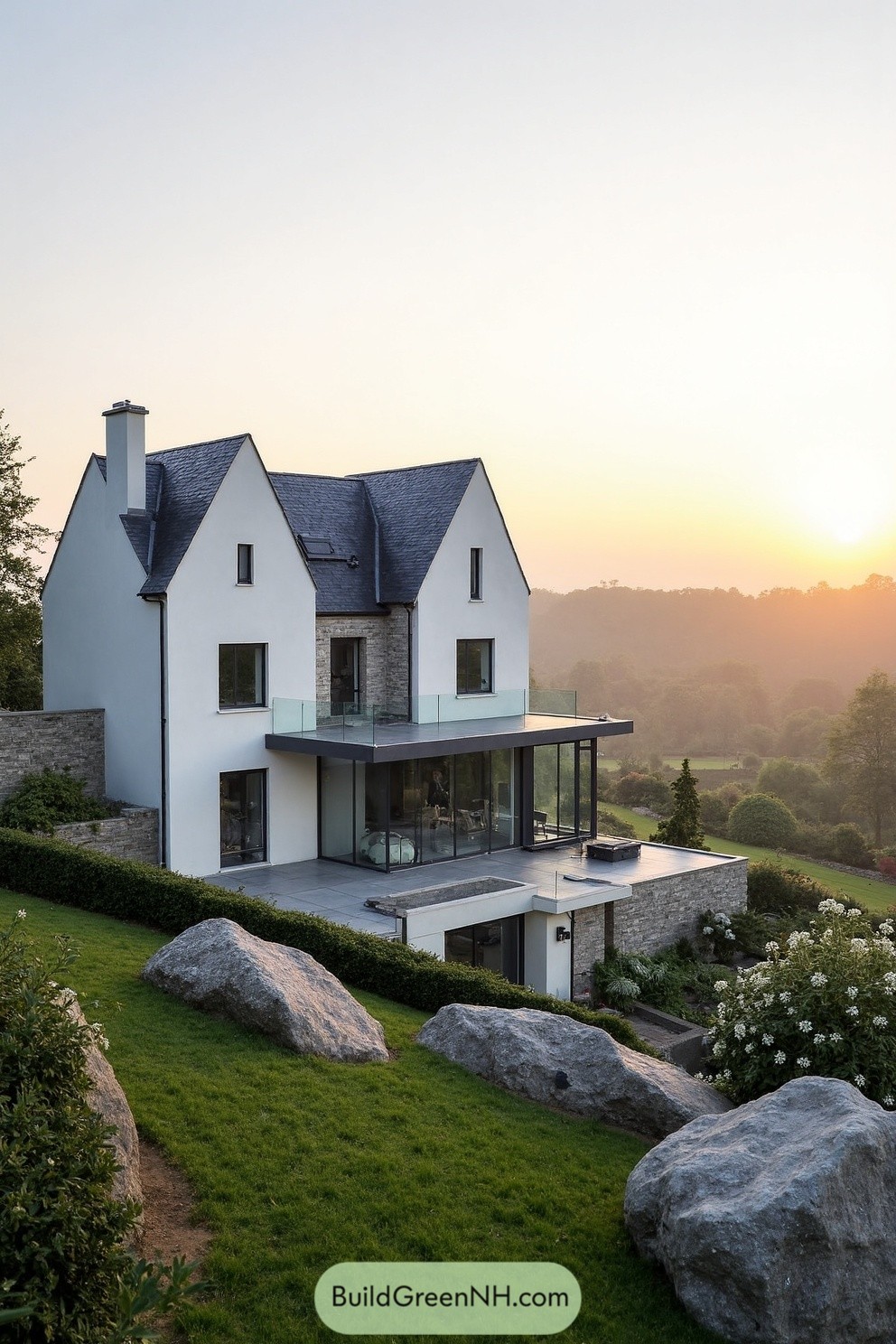 Modern hillside house at sunrise, surrounded by mist and rocks