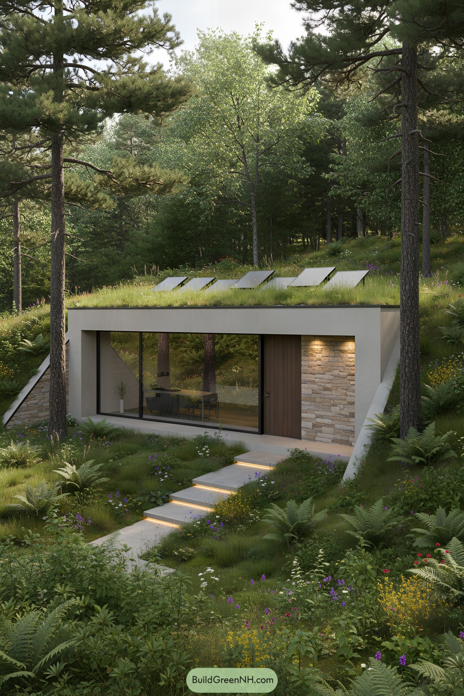 Sleek underground house with a green roof amidst trees