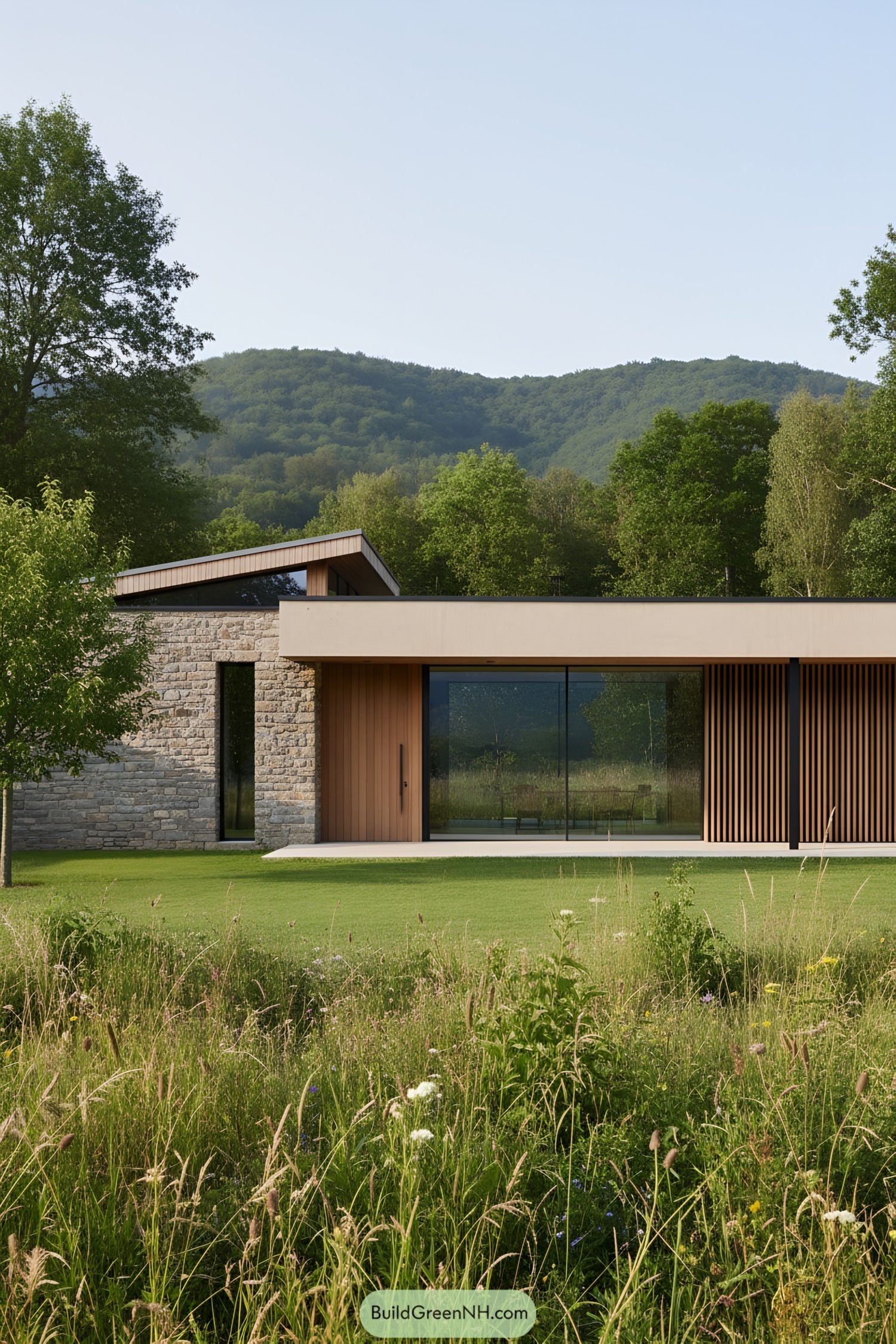 Modern house with wood and stone elements surrounded by nature