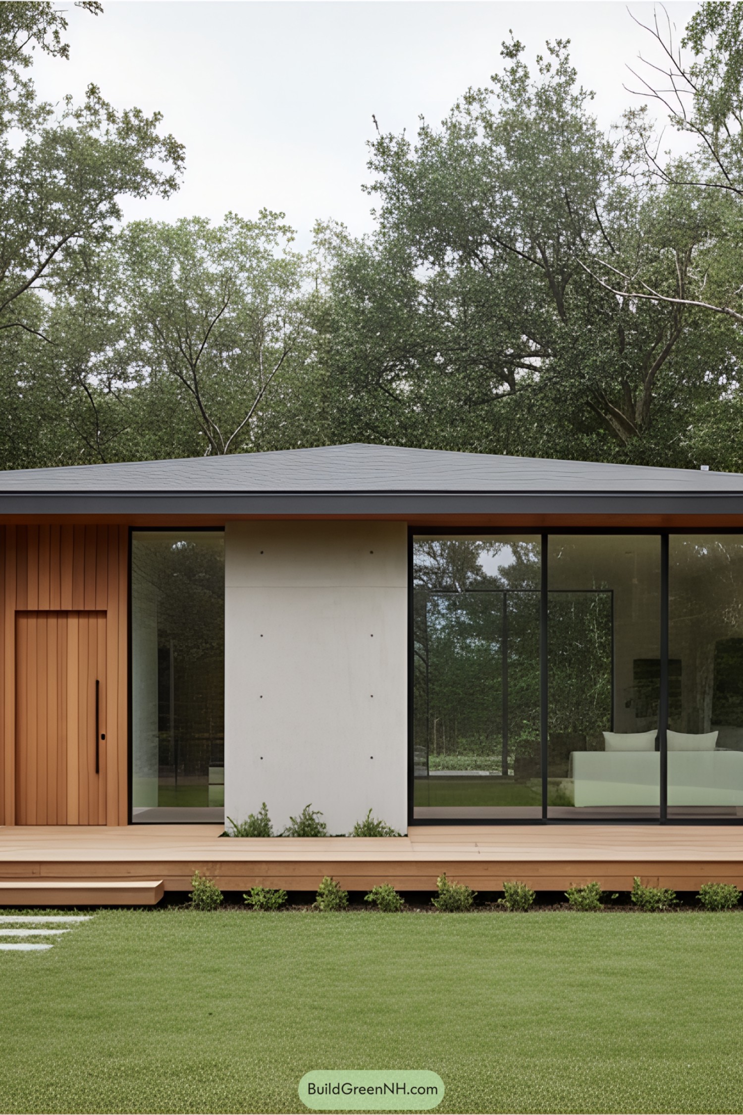 Modern house with wooden and concrete elements amidst trees