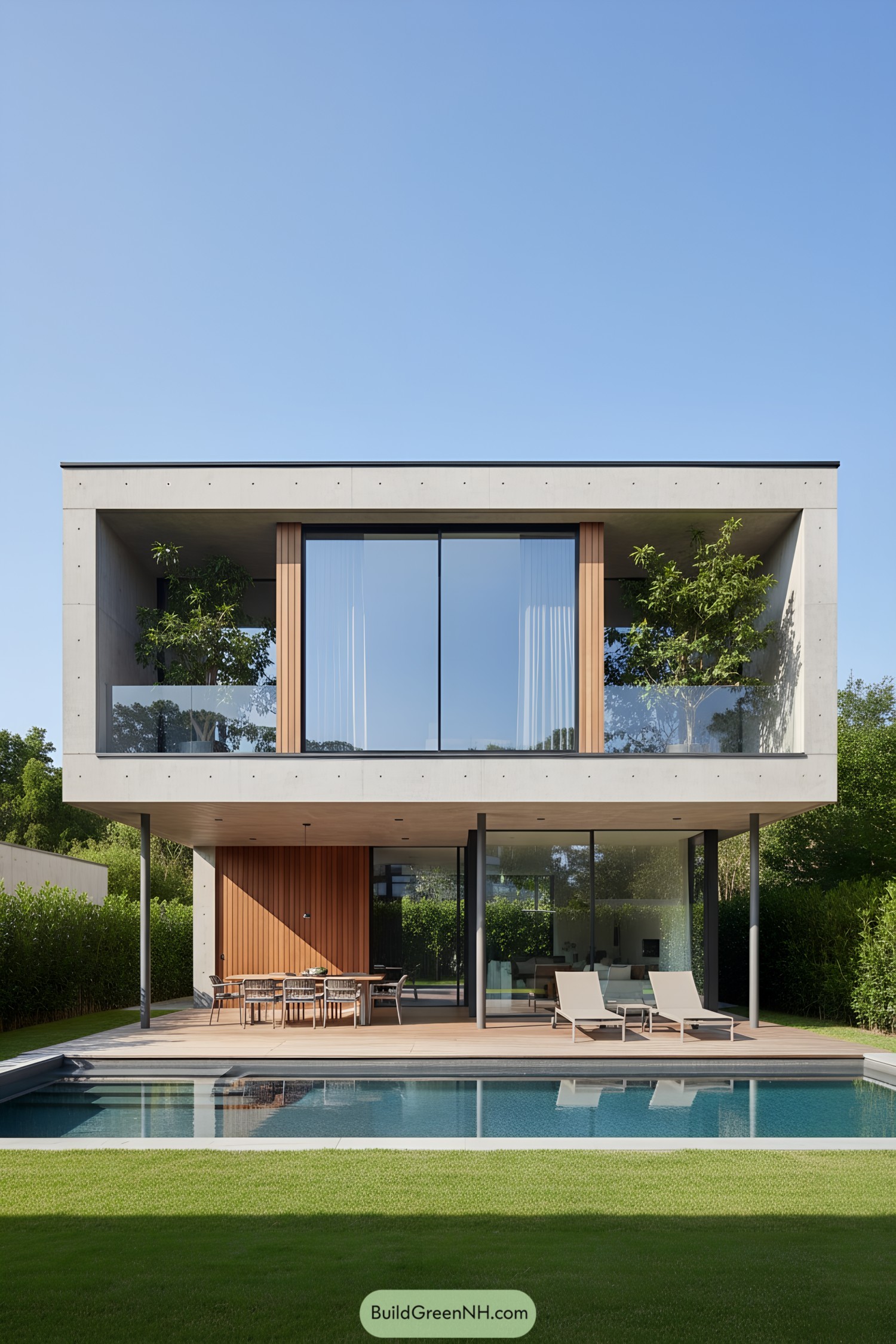 Modern house made of concrete and wood with a pool in front