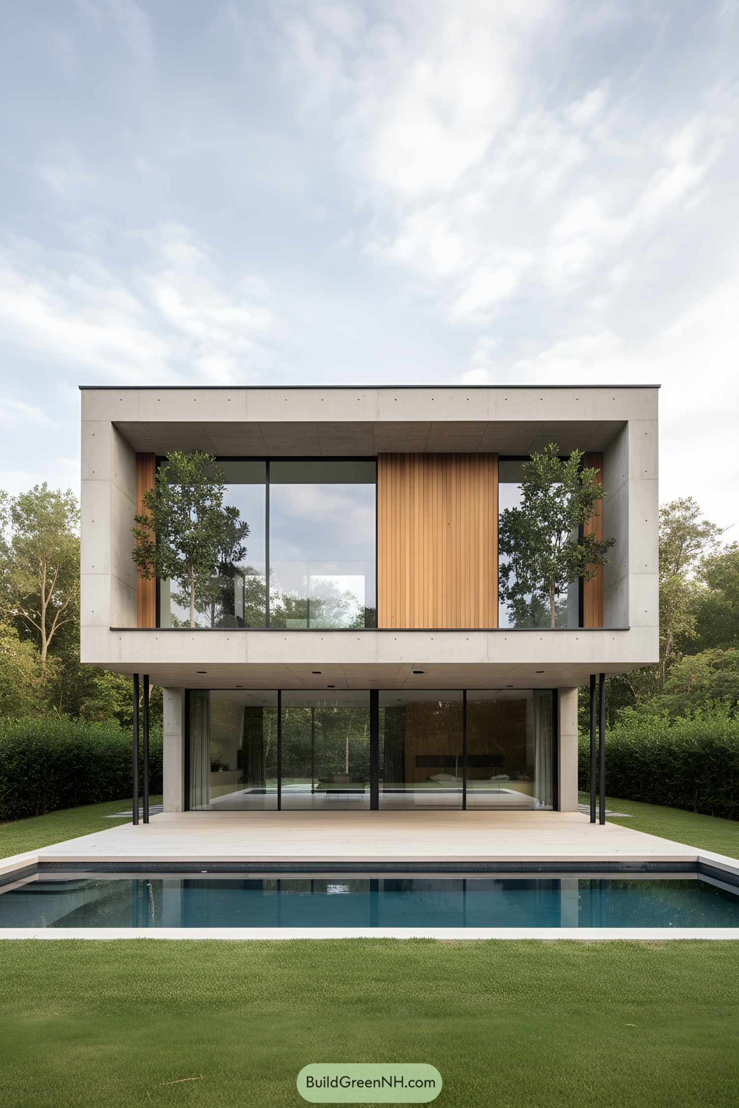 Modern house with concrete and wooden accents by a pool