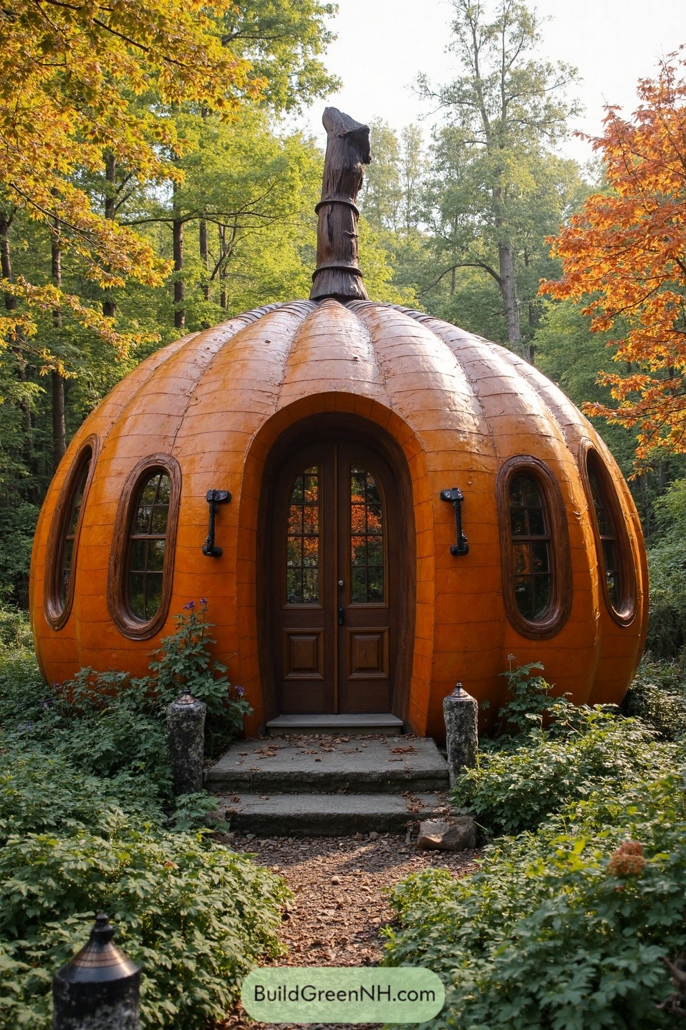 Cabin shaped like a whimsical pumpkin in a forest setting