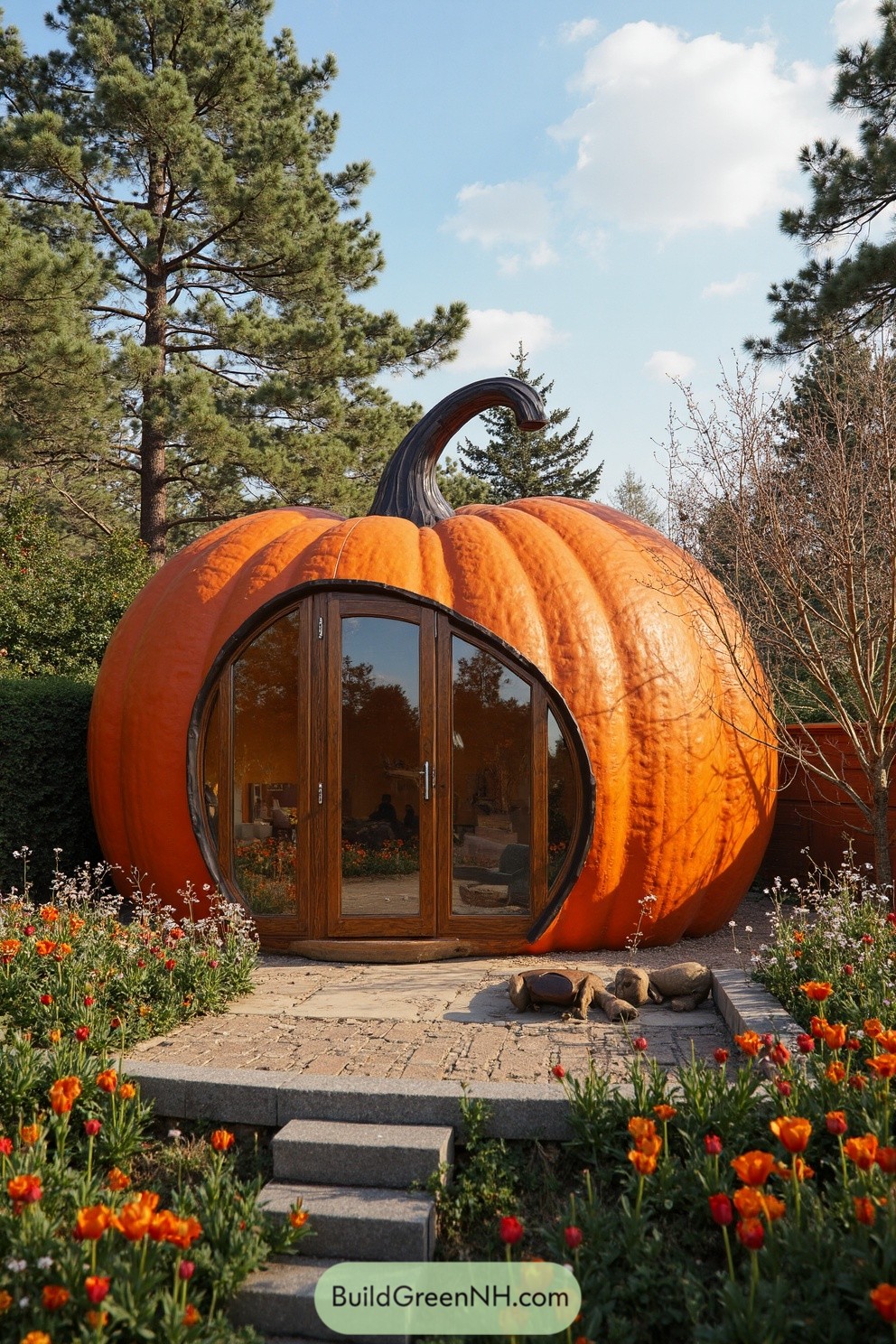 Charming pumpkin-shaped cabin with wooden door