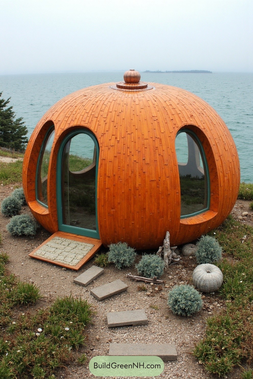 Pumpkin-shaped cabin with ocean view