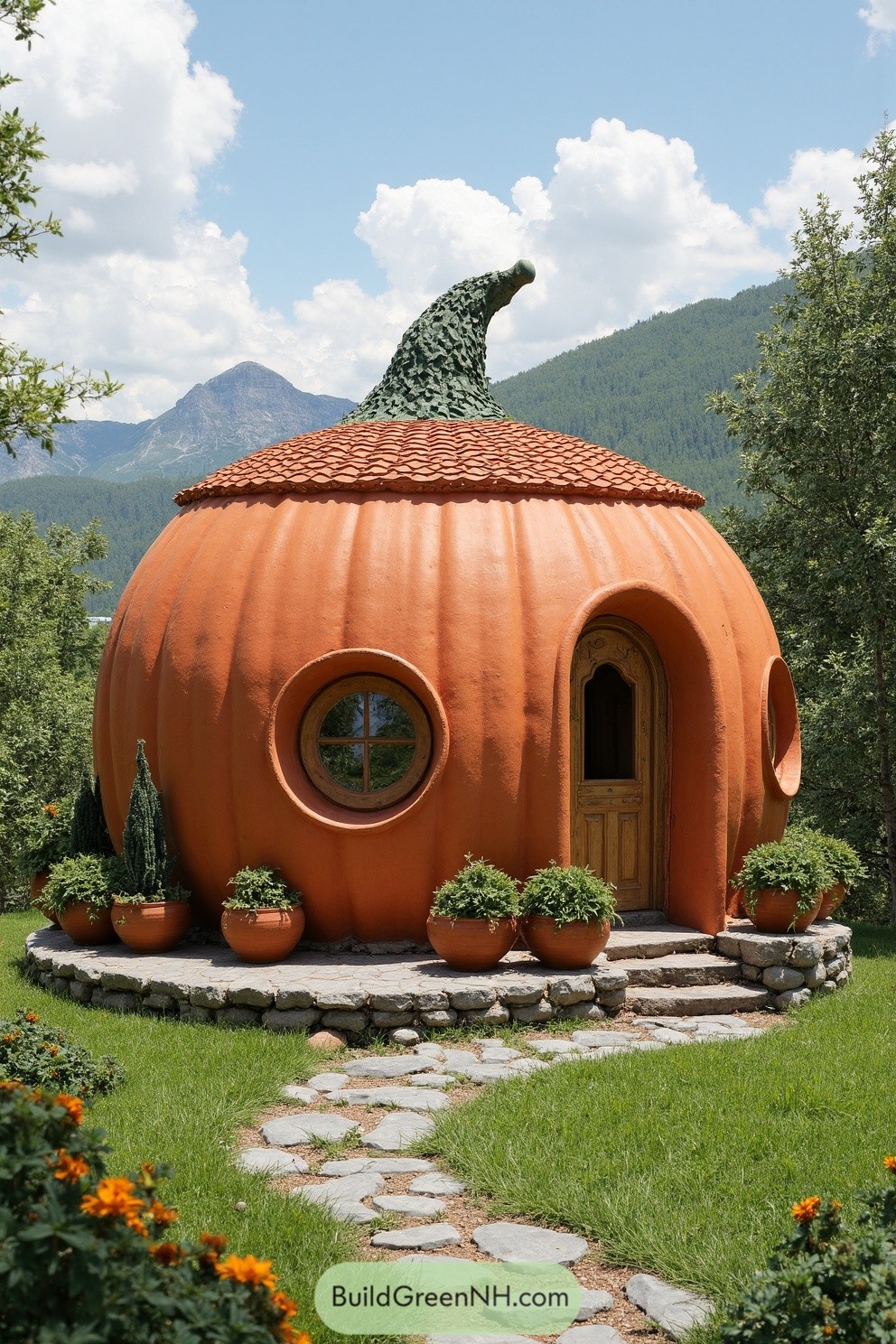Cozy pumpkin-shaped cabin surrounded by greenery