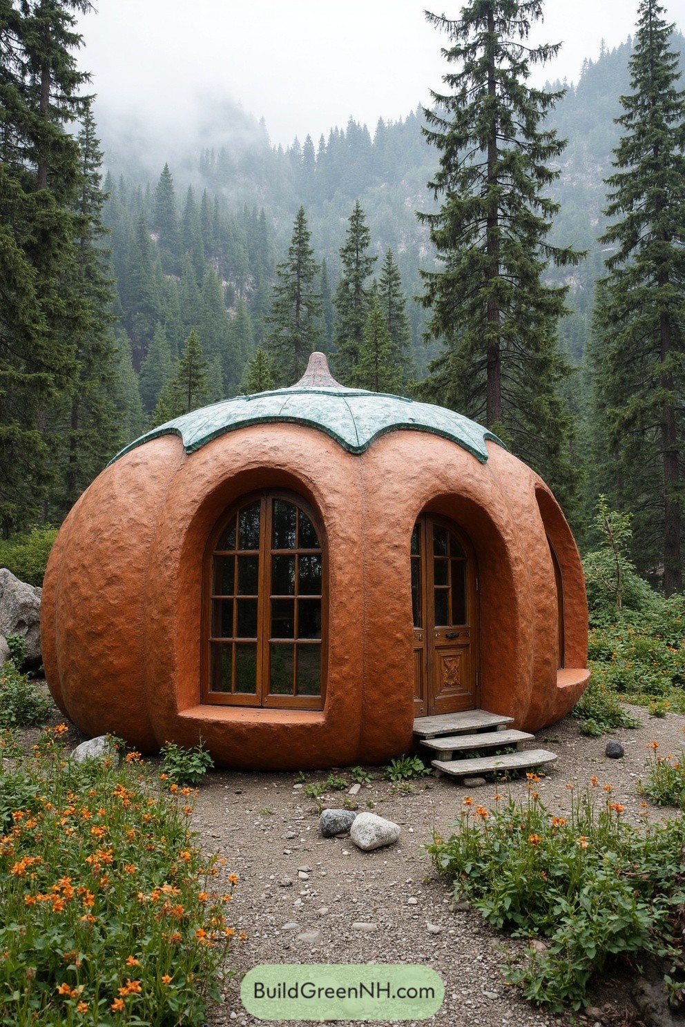 A unique cabin shaped like a pumpkin in a forest