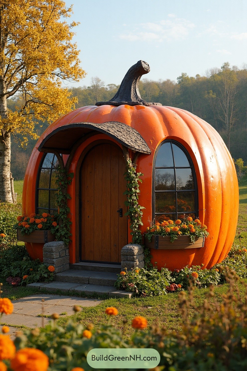 Cabin shaped like a giant pumpkin with round windows and orange flowers