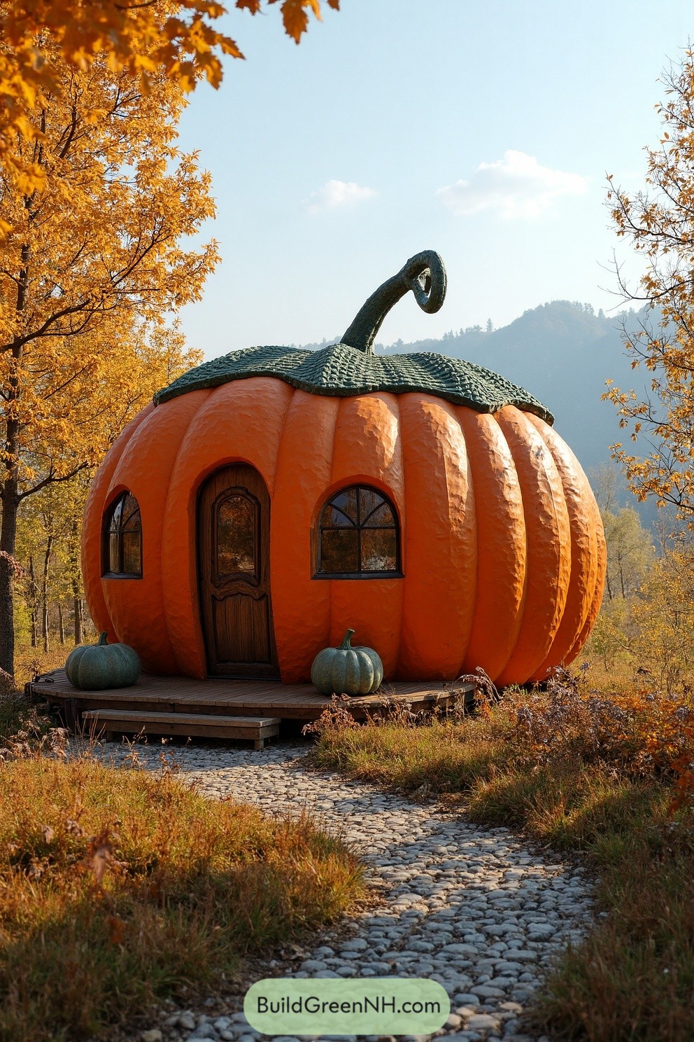 Orange pumpkin-shaped cabin with arched windows and a wooden door