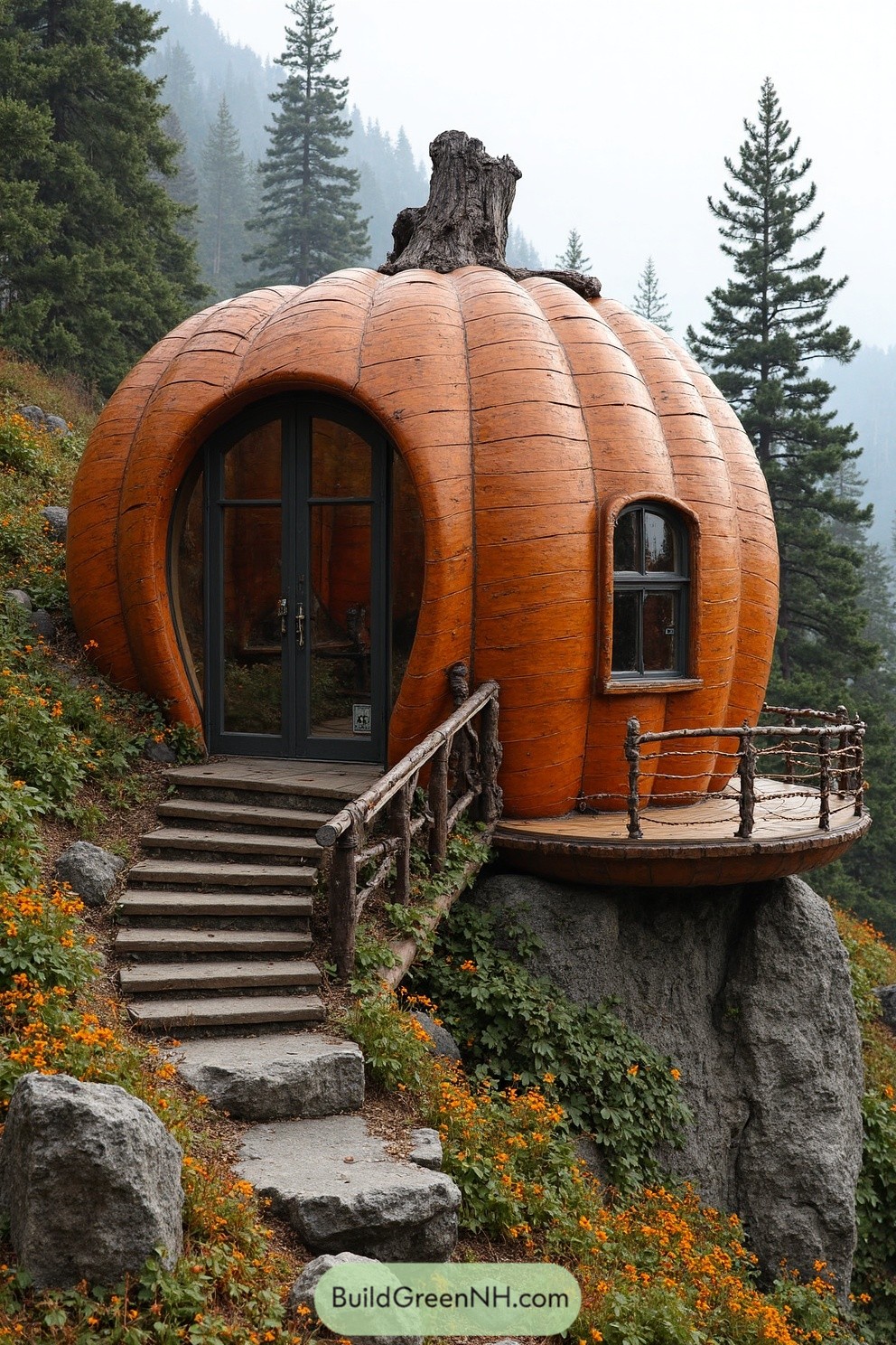 Pumpkin-shaped cabin nestled in nature