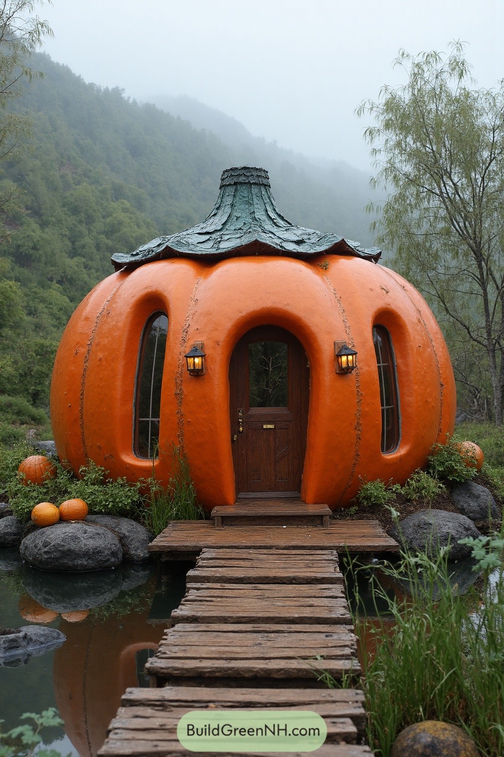 Round, pumpkin-shaped cabin with wooden path