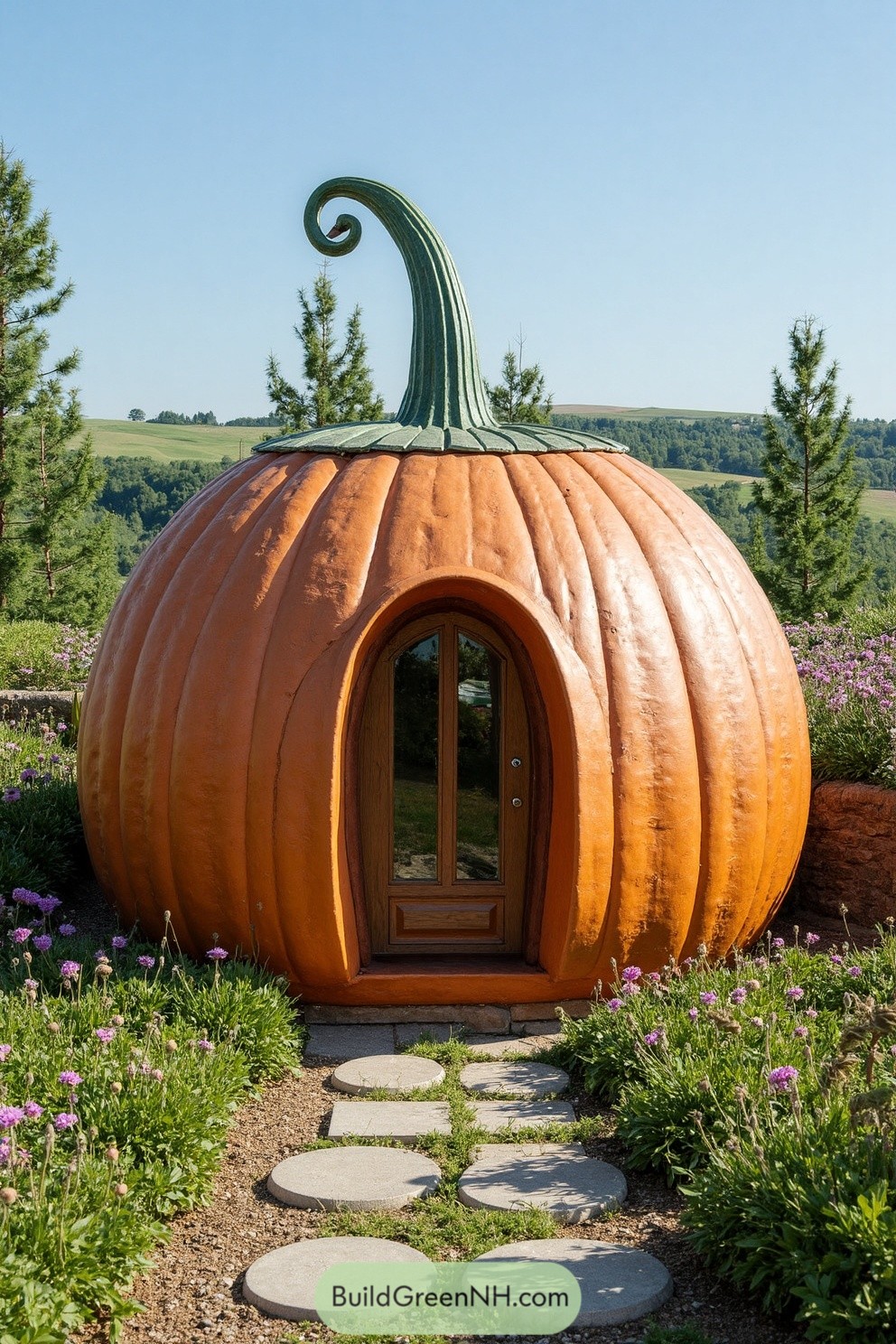 Orange pumpkin-shaped cabin with a green top in a garden setting