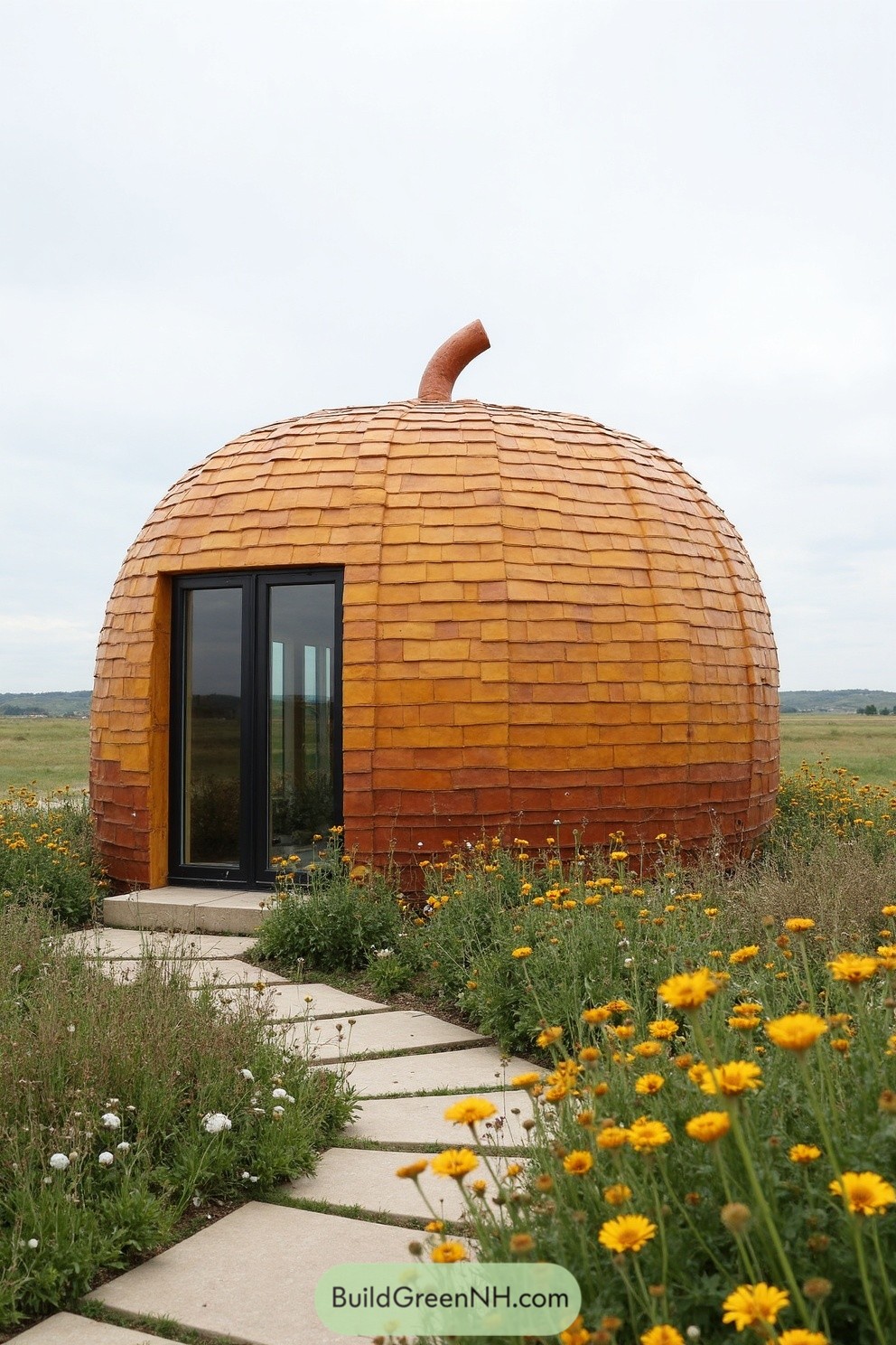 A round, pumpkin-shaped cabin with a cute chimney on top