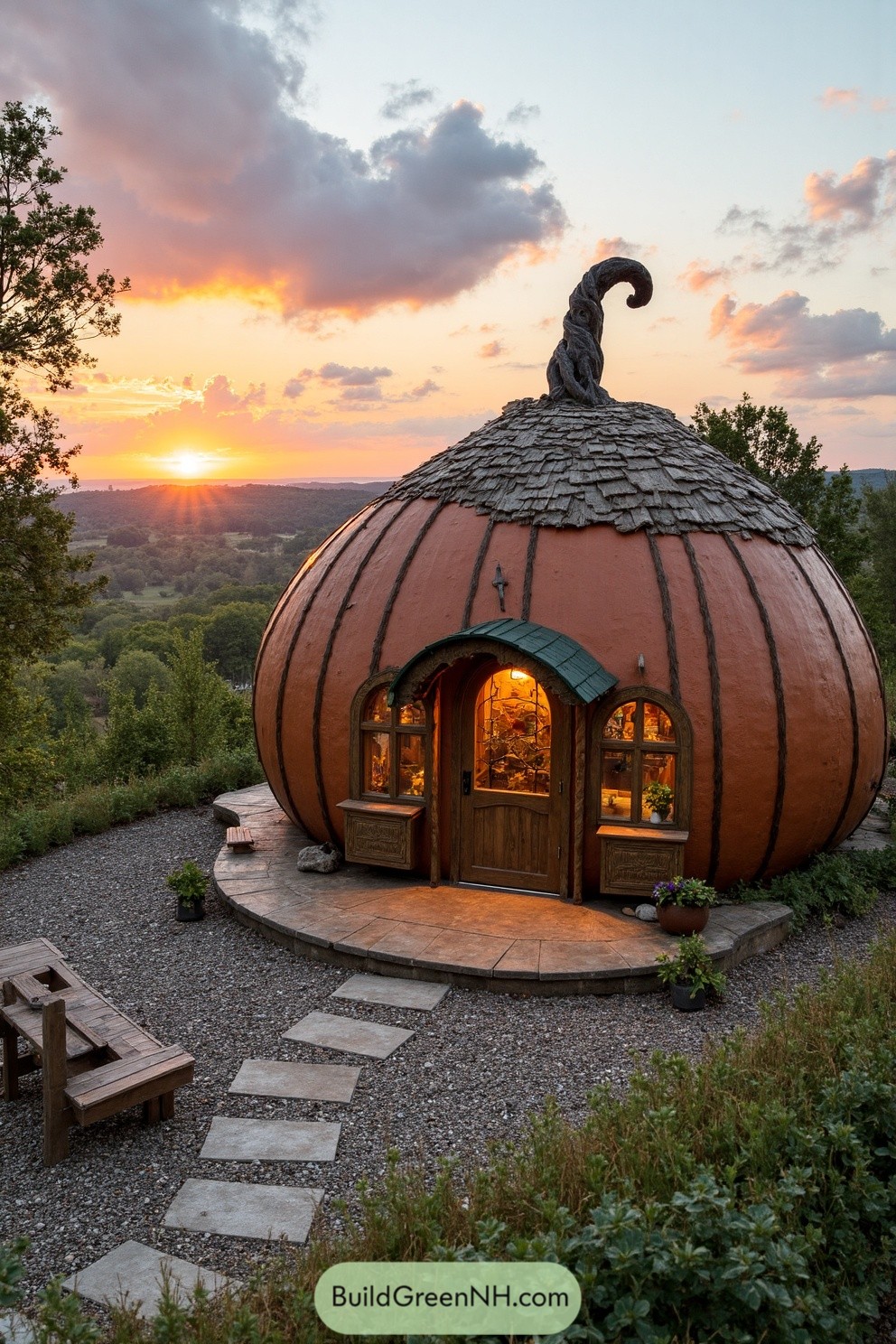 High-res photo of a rustic, pumpkin-shaped countryside lodge built with undulating, salvaged timber planks and ochre clay panel infill, the rounded body structured around broad timber ribs. The exterior displays hand-chiseled, leaf-patterned lintels above irregular, arch-topped windows, backed with olive-green casing. A thick, reclaimed oak door sits beneath a rustic wood awning with carved balusters. The gently domed, shingle-clad roof is crowned with a swirling, knotty pine gourd stem. A semi-circular gravel parking apron leads to a natural stone patio with hickory benches and wild ginger planters. The scene is framed by a red maple woodland, distant open fields, and a sky ablaze with the last light of sunset.