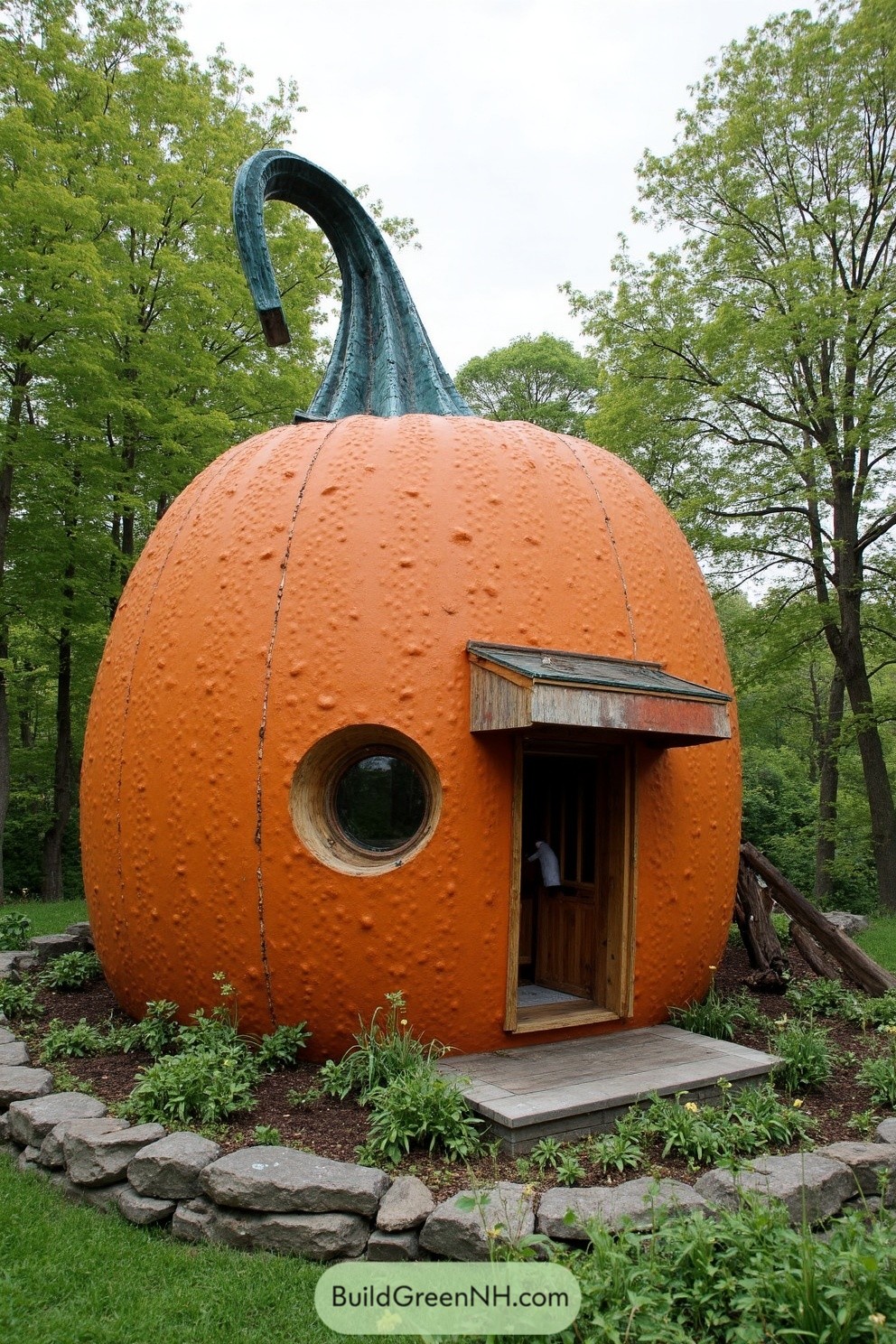 Cabin resembling a giant pumpkin with a whimsical design
