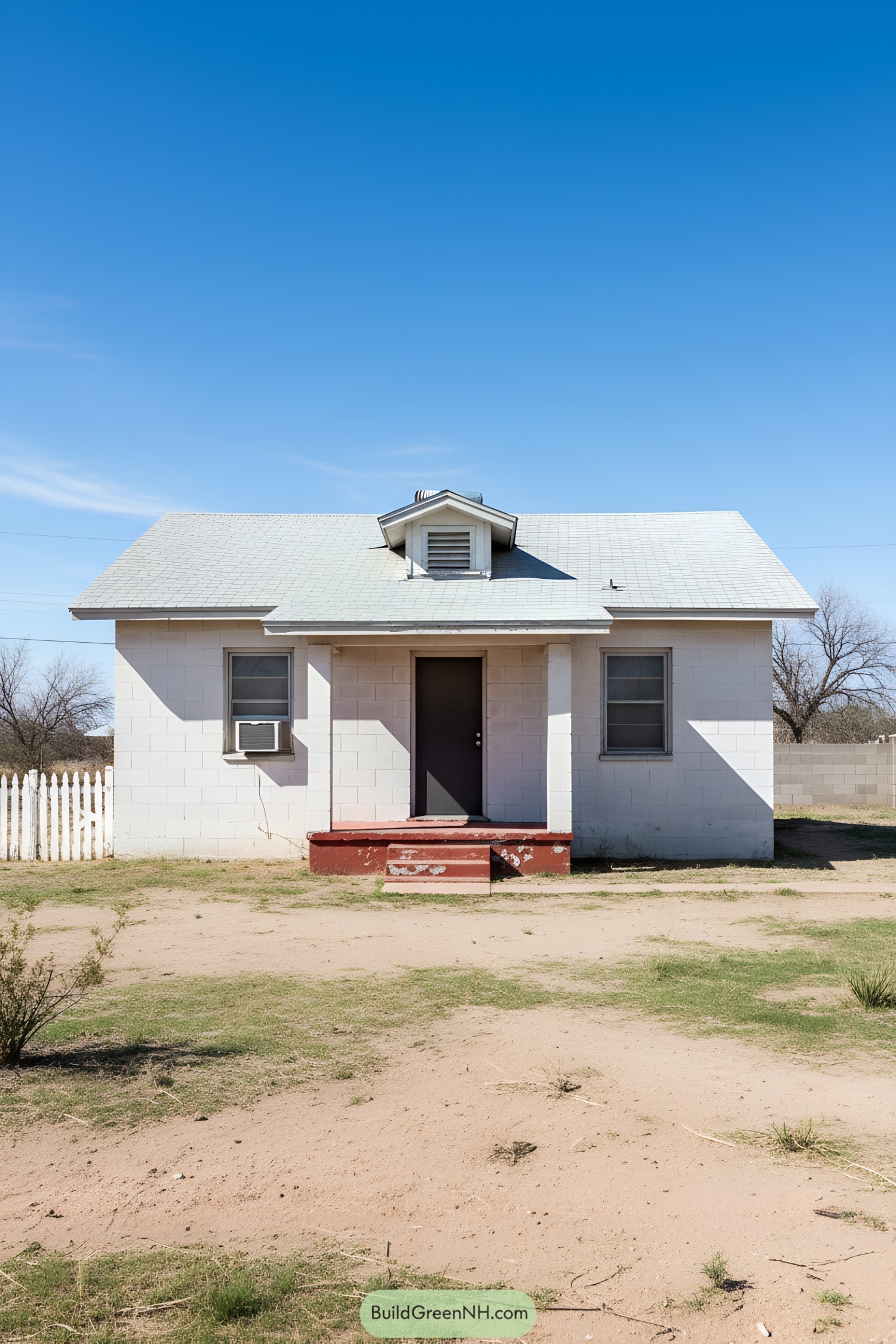Small concrete block house with a white picket fence