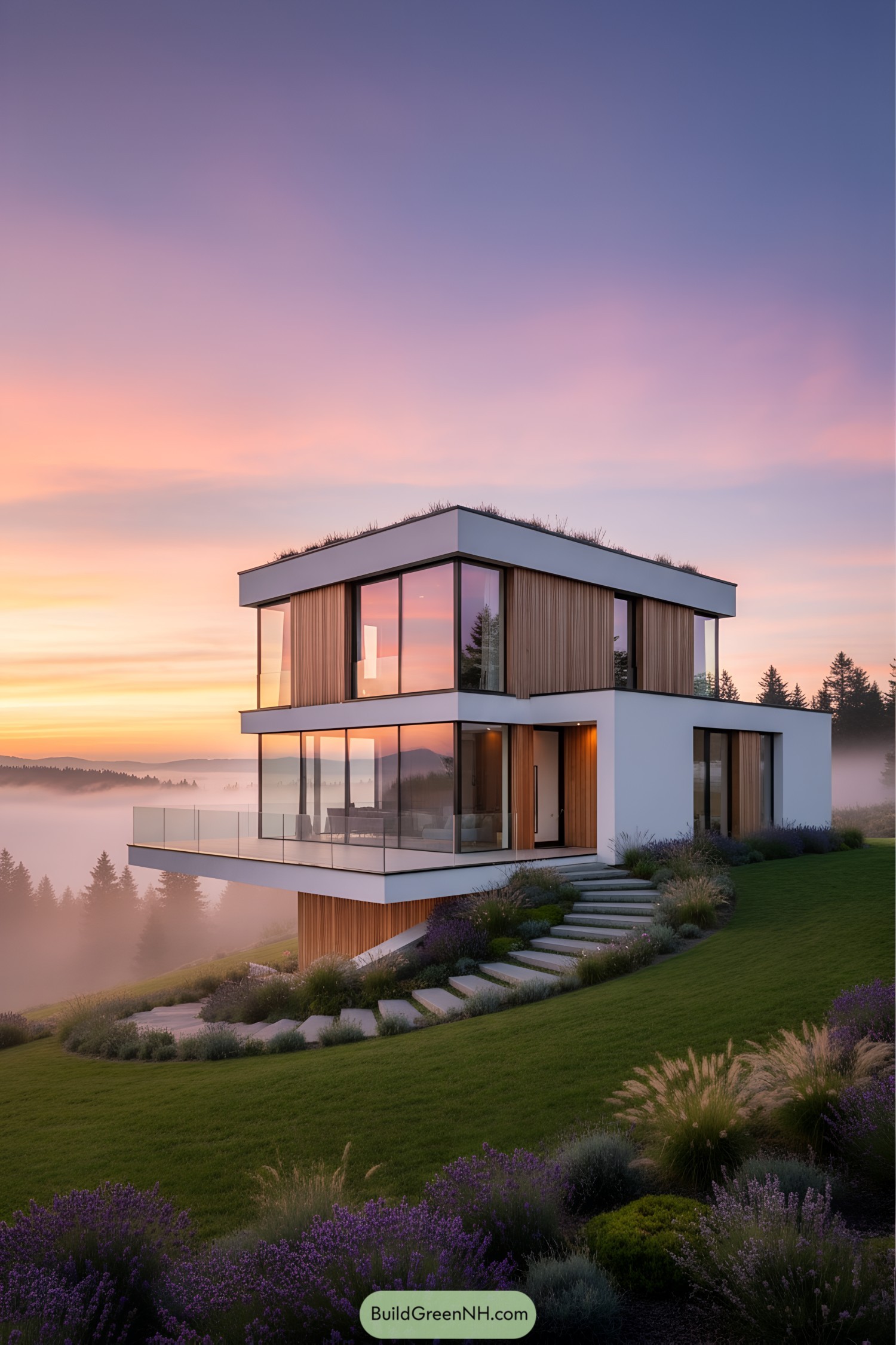 Contemporary house on a hill with misty sunrise background