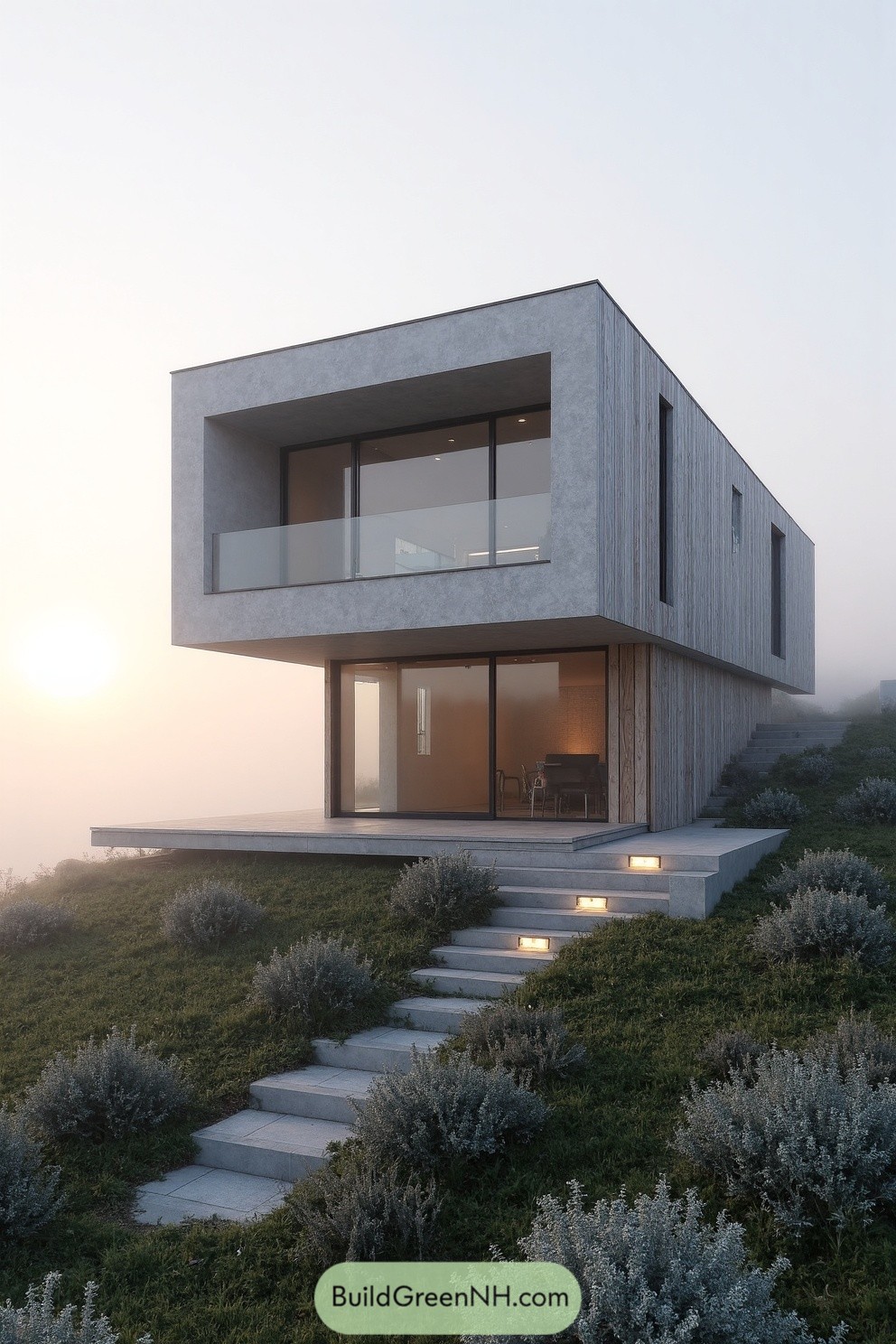Contemporary house on a misty hillside during sunrise