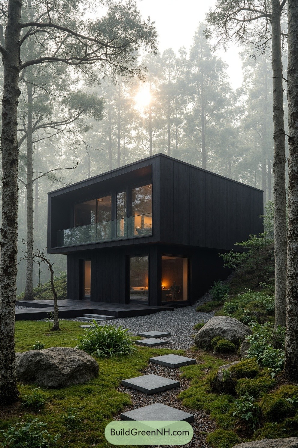 Modern house on a misty hillside surrounded by trees