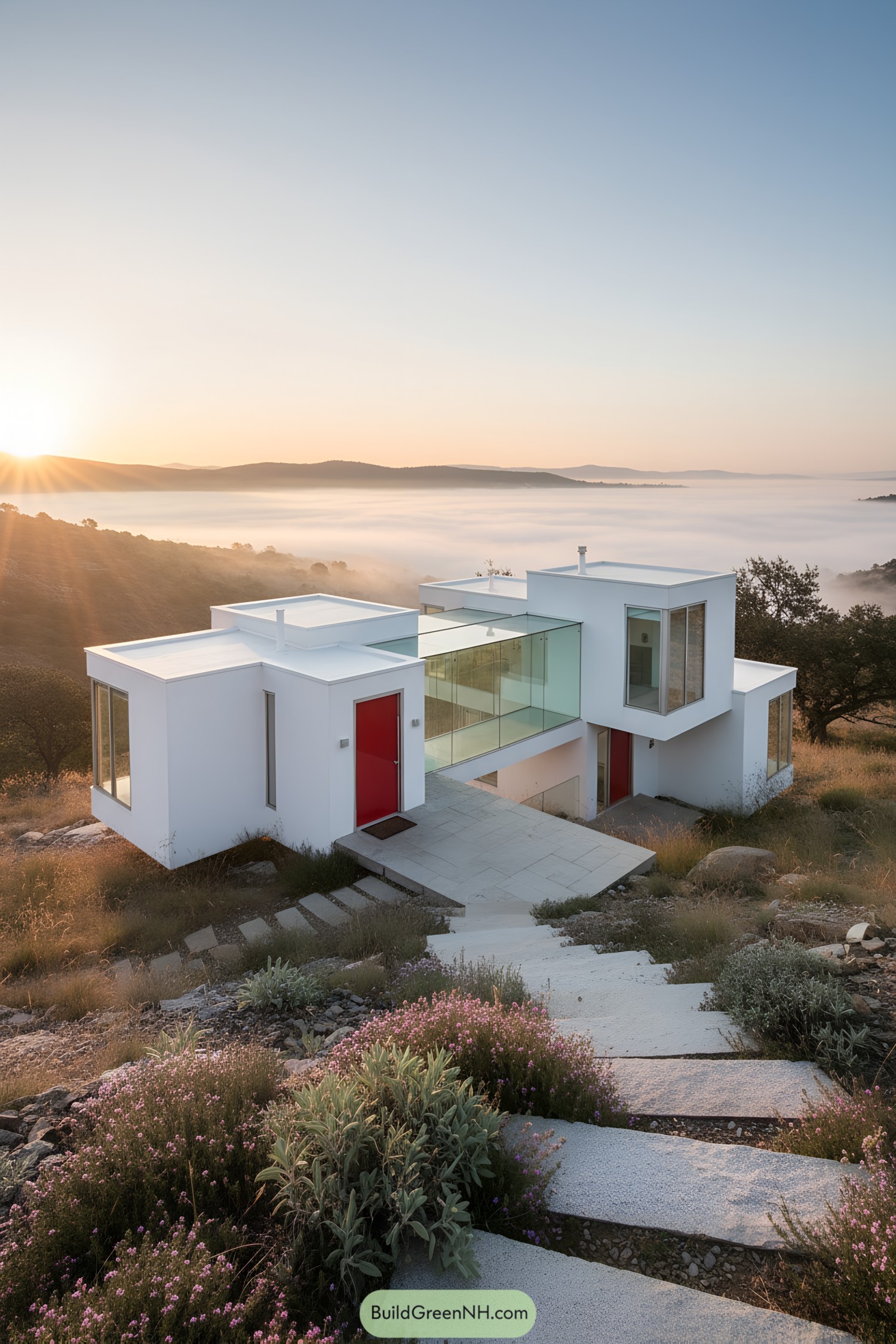 Modern hillside house with glass features under a sunrise sky