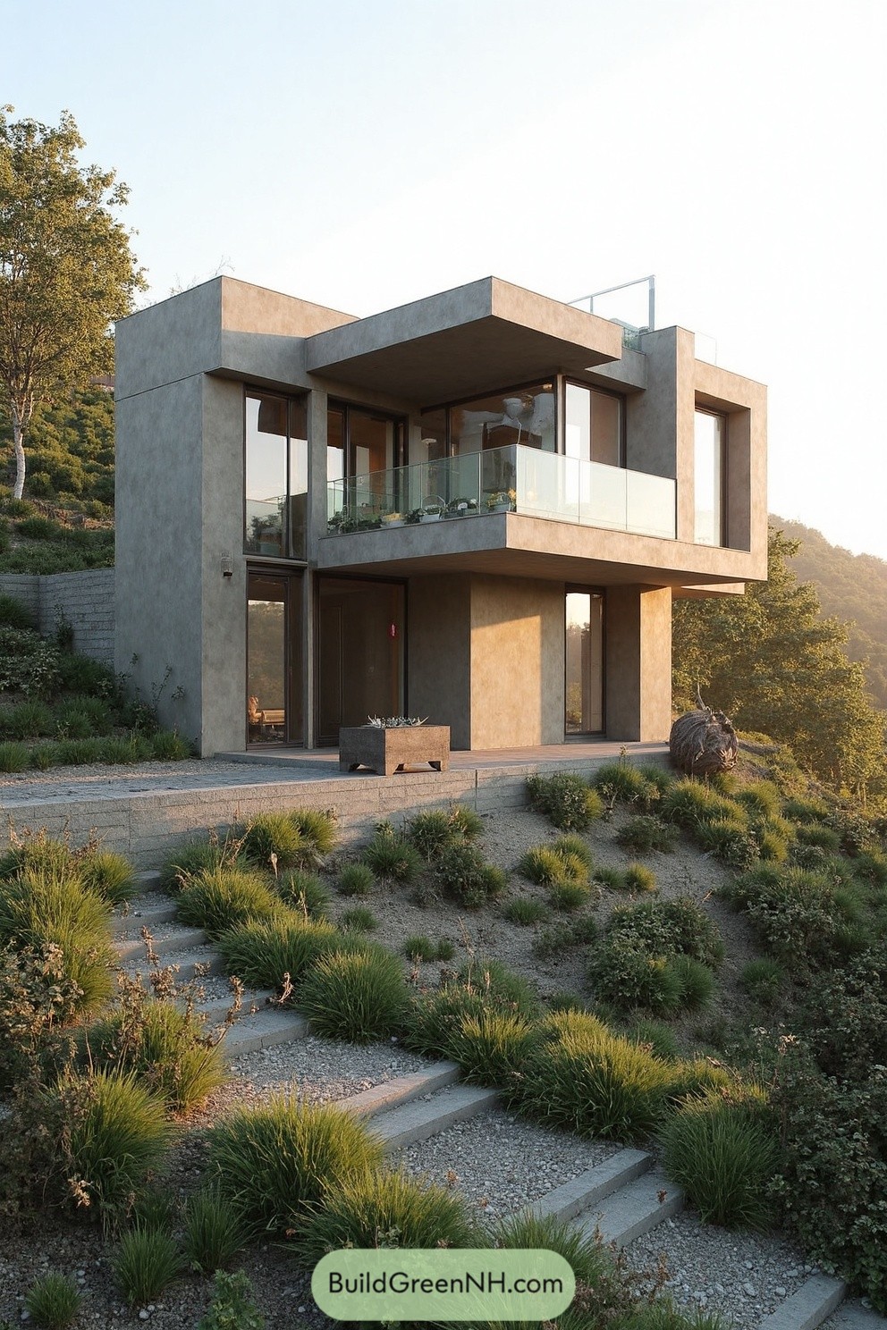Sleek hilltop house at sunrise, surrounded by mist