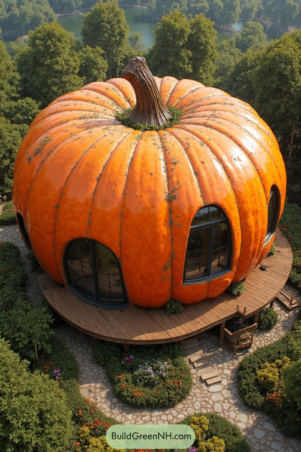 Round orange cabin shaped like a giant pumpkin in a lush garden setting