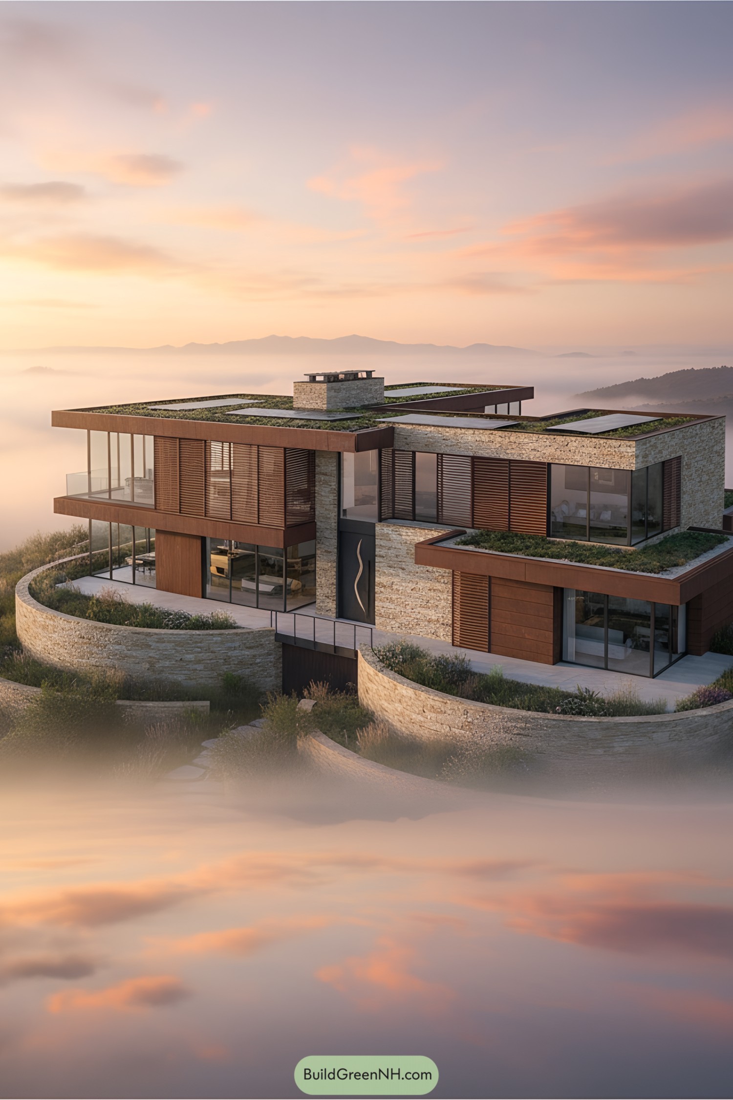 Modern house on a hill in misty surroundings during a colorful sunrise