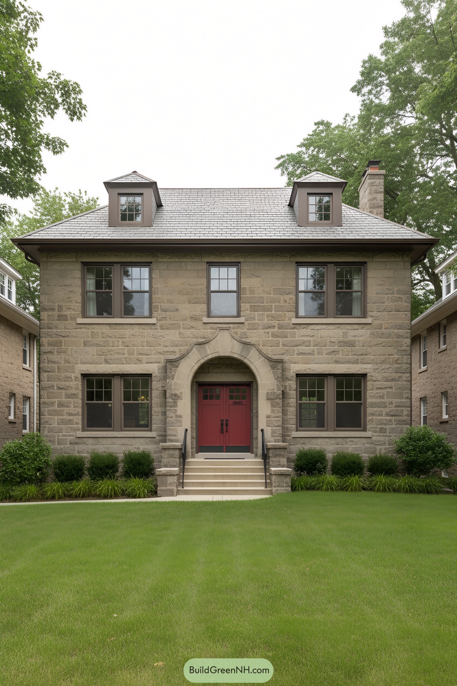 Concrete house with red doors and lush green lawn