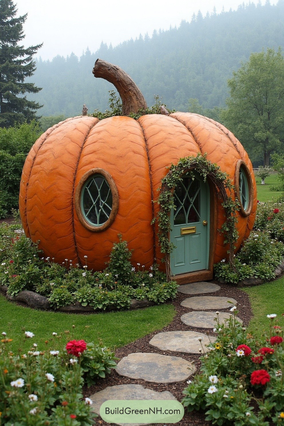 Whimsical pumpkin-shaped cabin with green door and round windows