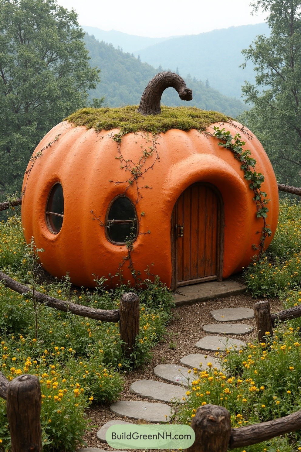 Pumpkin-shaped cabin with a wooden door surrounded by greenery
