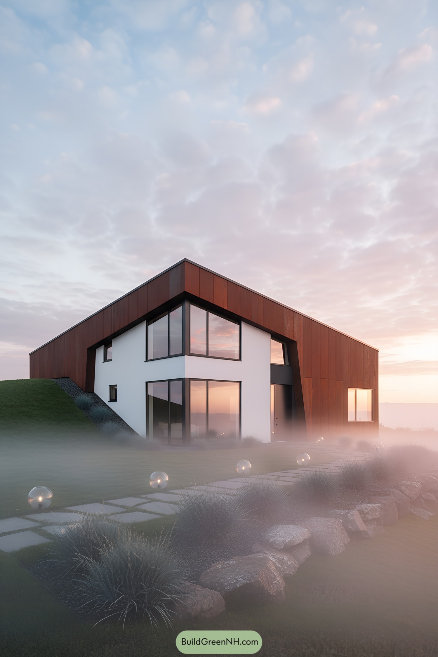 A modern house stands on a misty hill, illuminated by colorful sunrise skies