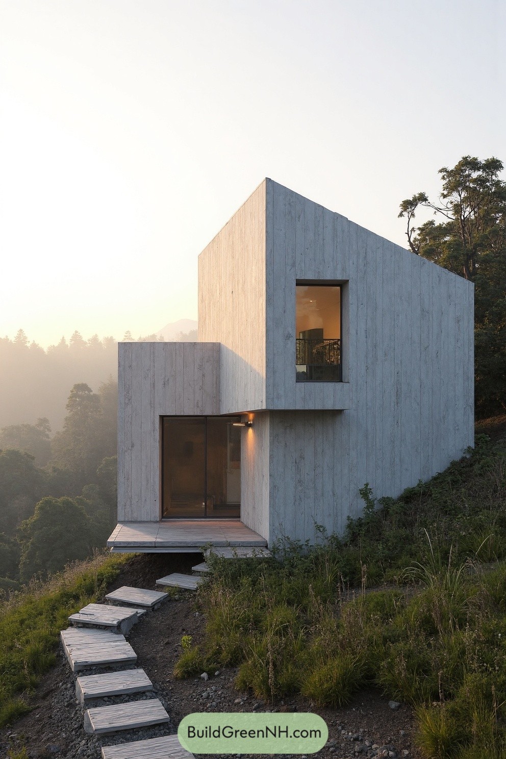 Modern house perched on a foggy hillside at sunrise