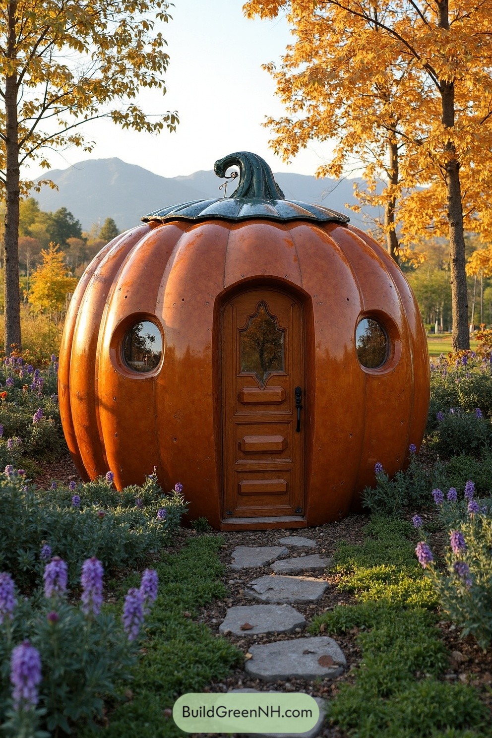 Round pumpkin-shaped cabin with a whimsical door and windows