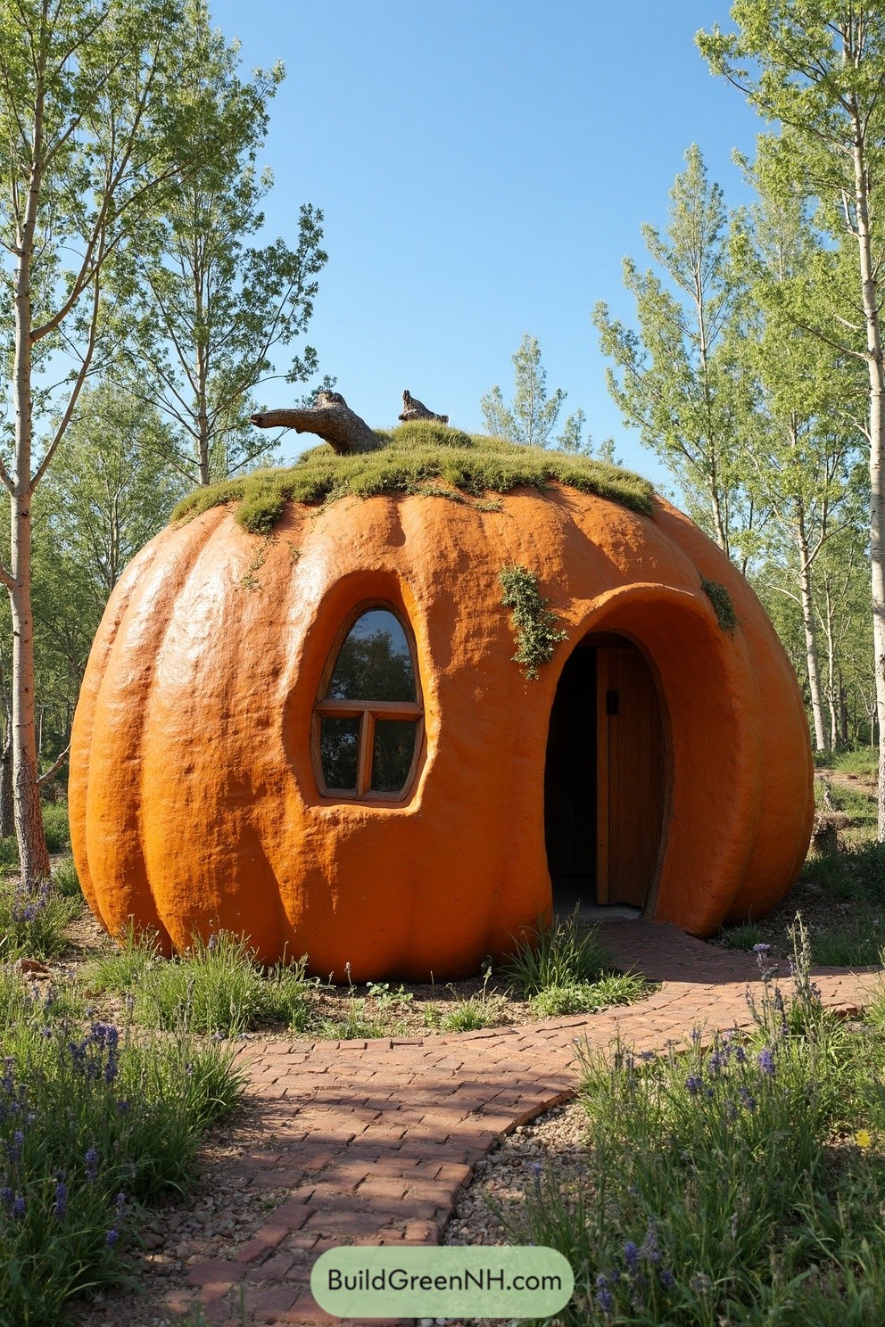 Whimsical pumpkin-shaped cabin in a forest setting