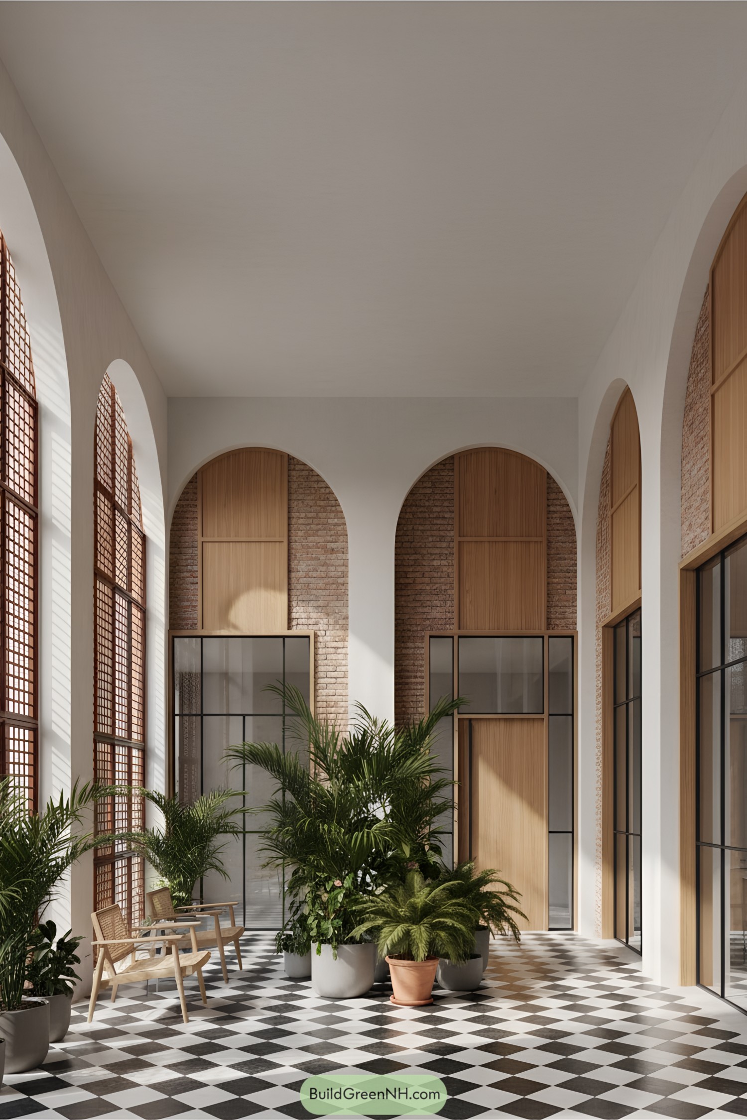 Indoor courtyard with large windows and lush greenery