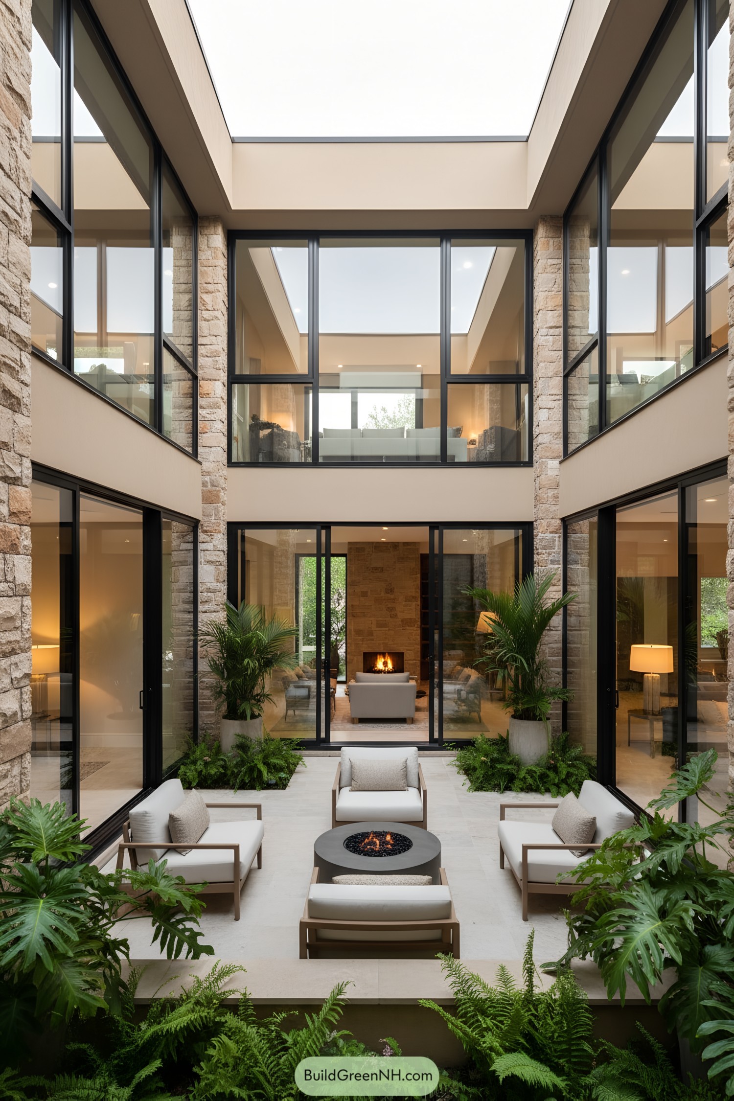 Modern courtyard with lush plants and seating area