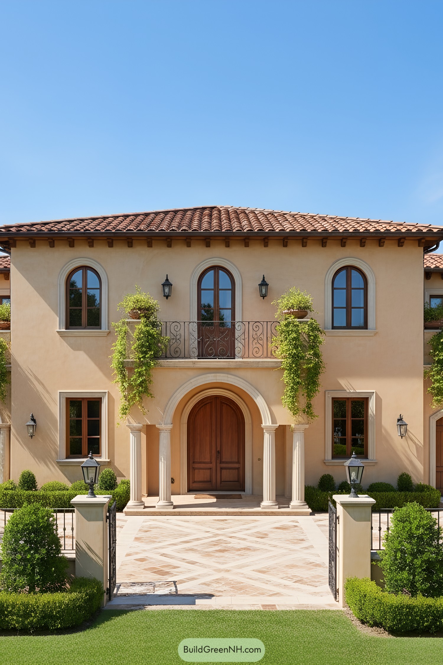 Elegant Mediterranean house with terracotta roof and arched windows