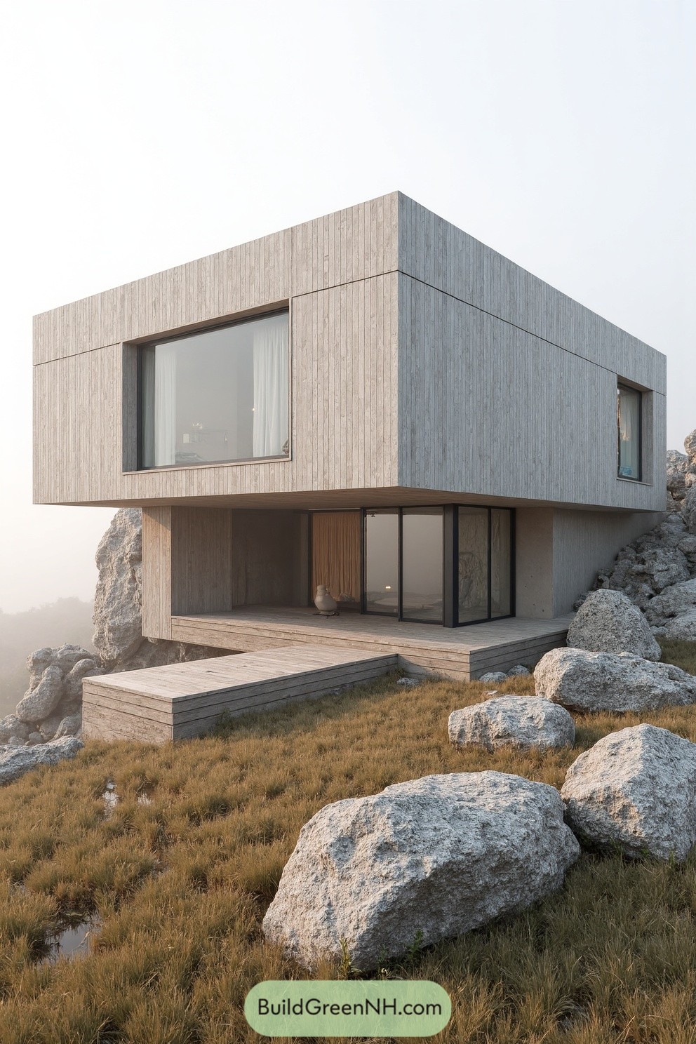 Modern house perched on a misty hillside with large rocks and grass