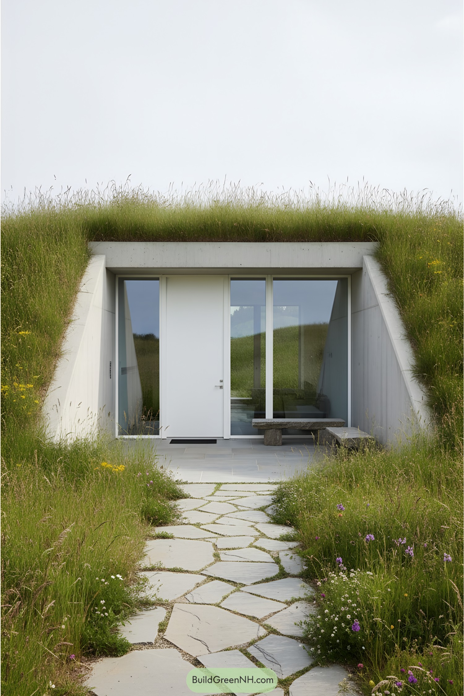 Entrance of an underground home with a grassy roof and stone path